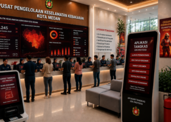 Dashboard interaktif Aplikasi Tangkas Izin Proteksi yang menampilkan sistem pemantauan data keselamatan real-time untuk mendukung efisiensi kebakaran kota Medan