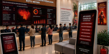 Dashboard interaktif Aplikasi Tangkas Izin Proteksi yang menampilkan sistem pemantauan data keselamatan real-time untuk mendukung efisiensi kebakaran kota Medan
