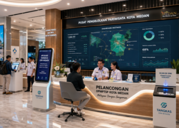 Dashboard interaktif Aplikasi Tangkas Izin Wisata yang menampilkan sistem pemantauan data destinasi real-time untuk mendukung efisiensi pariwisata kota Medan