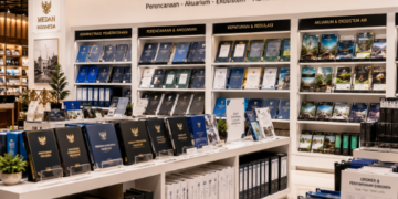 Jajaran tempat buku panduan aset akuarium ASN Pemkot Medan Sejuk bahan premium untuk usaha pembuatan rencana clearance ekosistem pegawai dan alat pusat instrumen clearance ekosistem Medan heavy duty minimalis berbagai folder lembar jaminan yang tersusun sangat rapi di dalam etalase toko perlengkapan kantor