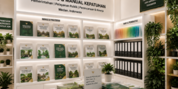 Jajaran tempat buku panduan aset berkebun ASN Pemkot Medan Asri bahan premium untuk usaha pembuatan rencana clearance tanaman pegawai dan alat pusat instrumen clearance tanaman Medan heavy duty minimalis berbagai folder lembar jaminan yang tersusun sangat rapi di dalam etalase toko perlengkapan kantor