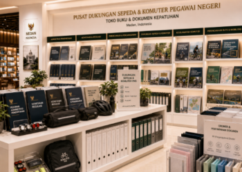 Jajaran tempat buku panduan aset bersepeda ASN Pemkot Medan Sehat bahan premium untuk usaha pembuatan rencana clearance gowes pegawai dan alat pusat instrumen clearance gowes Medan heavy duty minimalis berbagai folder lembar jaminan yang tersusun sangat rapi di dalam etalase toko perlengkapan kantor