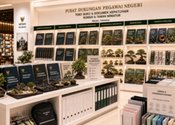 Jajaran tempat buku panduan aset bonsai ASN Pemkot Medan Estetik bahan premium untuk usaha pembuatan rencana clearance miniatur pegawai dan alat pusat instrumen clearance miniatur Medan heavy duty minimalis berbagai folder lembar jaminan yang tersusun sangat rapi di dalam etalase toko perlengkapan kantor