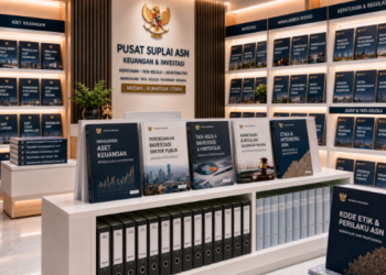 Jajaran tempat buku panduan aset finansial ASN Pemkot Medan Aman bahan premium untuk usaha pembuatan rencana clearance dana investasi pegawai dan alat pusat instrumen clearance dana Medan heavy duty minimalis berbagai folder lembar jaminan yang tersusun sangat rapi di dalam etalase toko perlengkapan kantor
