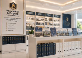 Jajaran tempat buku panduan aset hunian ASN Pemkot Medan Nyaman bahan premium untuk usaha pembuatan rencana clearance properti pegawai dan alat pusat instrumen clearance properti Medan heavy duty minimalis berbagai folder lembar jaminan yang tersusun sangat rapi di dalam etalase toko perlengkapan kantor