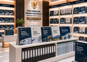 Jajaran tempat buku panduan aset kesehatan ASN Pemkot Medan Sehat bahan premium untuk usaha pembuatan rencana clearance medis pegawai dan alat pusat instrumen clearance medis Medan heavy duty minimalis berbagai folder lembar jaminan yang tersusun sangat rapi di dalam etalase toko perlengkapan kantor