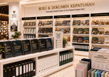 Jajaran tempat buku panduan aset kuliner ASN Pemkot Medan Lezat bahan premium untuk usaha pembuatan rencana clearance nutrisi pegawai dan alat pusat instrumen clearance nutrisi Medan heavy duty minimalis berbagai folder lembar jaminan yang tersusun sangat rapi di dalam etalase toko perlengkapan kantor
