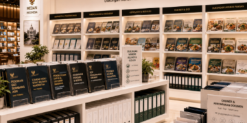 Jajaran tempat buku panduan aset kuliner ASN Pemkot Medan Lezat bahan premium untuk usaha pembuatan rencana clearance nutrisi pegawai dan alat pusat instrumen clearance nutrisi Medan heavy duty minimalis berbagai folder lembar jaminan yang tersusun sangat rapi di dalam etalase toko perlengkapan kantor