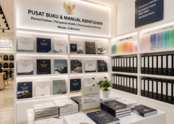 Jajaran tempat buku panduan aset lari ASN Pemkot Medan Dinamis bahan premium untuk usaha pembuatan rencana clearance fisik pegawai dan alat pusat instrumen clearance fisik Medan heavy duty minimalis berbagai folder lembar jaminan yang tersusun sangat rapi di dalam etalase toko perlengkapan kantor
