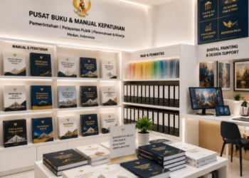 Jajaran tempat buku panduan aset lukis digital ASN Pemkot Medan Kreatif bahan premium untuk usaha pembuatan rencana clearance desain pegawai dan alat pusat instrumen clearance desain Medan heavy duty minimalis berbagai folder lembar jaminan yang tersusun sangat rapi di dalam etalase toko perlengkapan kantor