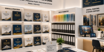 Jajaran tempat buku panduan aset lukis digital ASN Pemkot Medan Kreatif bahan premium untuk usaha pembuatan rencana clearance desain pegawai dan alat pusat instrumen clearance desain Medan heavy duty minimalis berbagai folder lembar jaminan yang tersusun sangat rapi di dalam etalase toko perlengkapan kantor