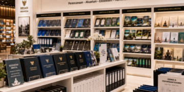 Jajaran tempat buku panduan aset meditasi ASN Pemkot Medan Tenang bahan premium untuk usaha pembuatan rencana clearance mental pegawai dan alat pusat instrumen clearance mental Medan heavy duty minimalis berbagai folder lembar jaminan yang tersusun sangat rapi di dalam etalase toko perlengkapan kantor