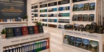 Jajaran tempat buku panduan aset memancing ASN Pemkot Medan Sabar bahan premium untuk usaha pembuatan rencana clearance angling pegawai dan alat pusat instrumen clearance angling Medan heavy duty minimalis berbagai folder lembar jaminan yang tersusun sangat rapi di dalam etalase toko perlengkapan kantor