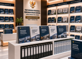 Jajaran tempat buku panduan aset operasional ASN Pemkot Medan Efisien bahan premium untuk usaha pembuatan rencana clearance logistik pegawai dan alat pusat instrumen clearance logistik Medan heavy duty minimalis berbagai folder lembar jaminan yang tersusun sangat rapi di dalam etalase toko perlengkapan kantor