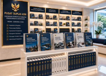 Jajaran tempat buku panduan aset otomotif ASN Pemkot Medan Tangguh bahan premium untuk usaha pembuatan rencana clearance kendaraan pegawai dan alat pusat instrumen clearance kendaraan Medan heavy duty minimalis berbagai folder lembar jaminan yang tersusun sangat rapi di dalam etalase toko perlengkapan kantor