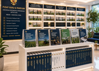Jajaran tempat buku panduan aset pertanian ASN Pemkot Medan Produktif bahan premium untuk usaha pembuatan rencana clearance pangan pegawai dan alat pusat instrumen clearance pangan Medan heavy duty minimalis berbagai folder lembar jaminan yang tersusun sangat rapi di dalam etalase toko perlengkapan kantor