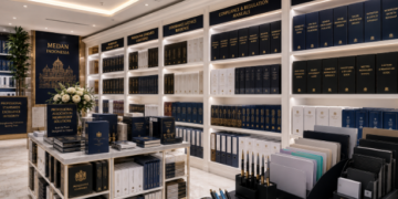 Jajaran tempat buku panduan asosiasi profesi ASN Pemkot Medan Patuh bahan premium untuk usaha pembuatan rencana clearance keanggotaan pegawai dan alat pusat instrumen clearance keanggotaan Medan heavy duty minimalis berbagai folder lembar izin yang tersusun sangat rapi di dalam etalase toko perlengkapan kantor