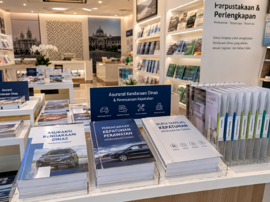 Jajaran tempat buku panduan asuransi kendaraan ASN Pemkot Medan Patuh bahan premium untuk usaha pembuatan rencana clearance sasis pegawai dan alat pusat instrumen clearance sasis Medan heavy duty minimalis berbagai folder lembar jaminan yang tersusun sangat rapi di dalam etalase toko perlengkapan kantor