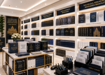 Jajaran tempat buku panduan asuransi mandiri ASN Pemkot Medan Aman bahan premium untuk usaha pembuatan rencana clearance premi pegawai dan alat pusat instrumen clearance premi Medan heavy duty minimalis berbagai folder lembar jaminan yang tersusun sangat rapi di dalam etalase toko perlengkapan kantor