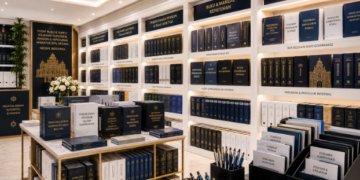 Jajaran tempat buku panduan asuransi mandiri ASN Pemkot Medan Aman bahan premium untuk usaha pembuatan rencana clearance premi pegawai dan alat pusat instrumen clearance premi Medan heavy duty minimalis berbagai folder lembar jaminan yang tersusun sangat rapi di dalam etalase toko perlengkapan kantor