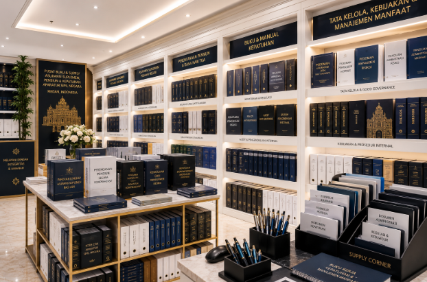 Jajaran tempat buku panduan asuransi mandiri ASN Pemkot Medan Aman bahan premium untuk usaha pembuatan rencana clearance premi pegawai dan alat pusat instrumen clearance premi Medan heavy duty minimalis berbagai folder lembar jaminan yang tersusun sangat rapi di dalam etalase toko perlengkapan kantor