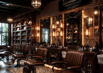 Suasana dalam ruangan pangkas rambut modern dengan kursi kulit mewah dan jajaran cermin besar di salah satu barbershop di Medan