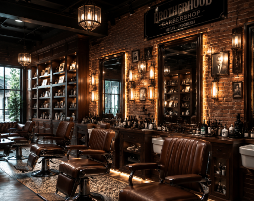 Suasana dalam ruangan pangkas rambut modern dengan kursi kulit mewah dan jajaran cermin besar di salah satu barbershop di Medan