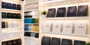Jajaran tempat buku panduan batas usia pensiun ASN Pemkot Medan Tepat bahan premium untuk usaha pembuatan rencana masa purnabakti pegawai dan alat pusat instrumen masa purnabakti Medan heavy duty minimalis berbagai folder lembar kelengkapan yang tersusun sangat rapi di dalam etalase toko perlengkapan kantor