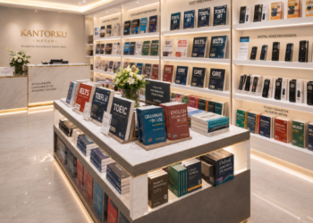Jajaran tempat buku panduan beasiswa tugas belajar PNS bahan premium untuk usaha pendaftaran kuliah pascasarjana dan alat pusat informasi Tubel ASN Medan heavy duty minimalis berbagai buku TOEFL yang tersusun sangat rapi di dalam etalase toko perlengkapan kantor
