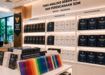 Jajaran tempat buku panduan analisis beban kerja ASN Medan bahan premium untuk usaha perhitungan formasi pegawai dan alat pusat instrumen abk Medan heavy duty minimalis berbagai folder durasi aktivitas yang tersusun sangat rapi di dalam etalase toko perlengkapan kantor