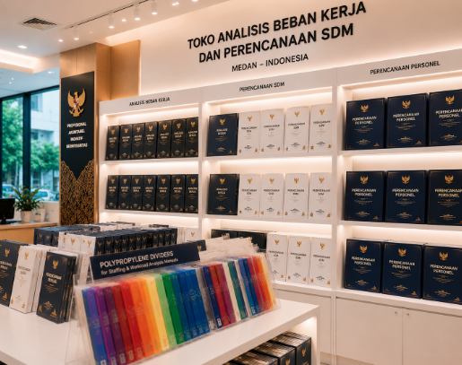 Jajaran tempat buku panduan analisis beban kerja ASN Medan bahan premium untuk usaha perhitungan formasi pegawai dan alat pusat instrumen abk Medan heavy duty minimalis berbagai folder durasi aktivitas yang tersusun sangat rapi di dalam etalase toko perlengkapan kantor