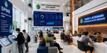 Dashboard interaktif Biaya Pendaftaran SPMB yang menampilkan alur transaksi tarif real-time untuk mendukung efisiensi pendaftaran kota Medan.