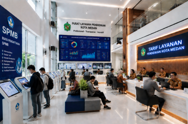 Dashboard interaktif Biaya Pendaftaran SPMB yang menampilkan alur transaksi tarif real-time untuk mendukung efisiensi pendaftaran kota Medan.
