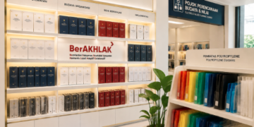 Jajaran tempat buku panduan budaya kerja ASN Pemkot Medan Hebat bahan premium untuk usaha pembuatan rencana internalisasi nilai pegawai dan alat pusat instrumen internalisasi Medan heavy duty minimalis berbagai folder lembar perubahan perilaku yang tersusun sangat rapi di dalam etalase toko perlengkapan kantor