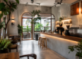 Suasana dalam ruangan cafe modern yang estetis dengan jajaran kursi kayu dan tanaman hijau di salah satu cafe di Medan