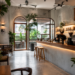 Suasana dalam ruangan cafe modern yang estetis dengan jajaran kursi kayu dan tanaman hijau di salah satu cafe di Medan