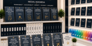 Jajaran tempat buku panduan cuti luar tanggungan ASN Pemkot Medan Adil bahan premium untuk usaha pembuatan rencana monitoring status pegawai dan alat pusat instrumen verifikasi status Medan heavy duty minimalis berbagai folder lembar validasi yang tersusun sangat rapi di dalam etalase toko perlengkapan kantor