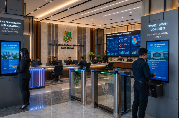 Dashboard interaktif Dashboard Digital Izin Keamanan yang menampilkan sistem pemantauan data ketertiban real-time untuk mendukung efisiensi keamanan kota Medan