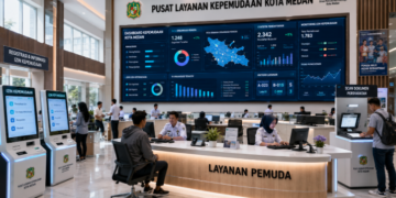 Dashboard interaktif Dashboard Pintar Izin Kepemudaan yang menampilkan sistem pemantauan data organisasi real-time untuk mendukung efisiensi kepemudaan kota Medan