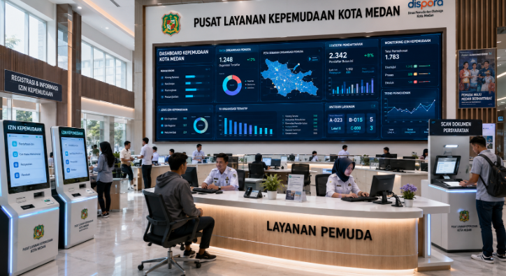 Dashboard interaktif Dashboard Pintar Izin Kepemudaan yang menampilkan sistem pemantauan data organisasi real-time untuk mendukung efisiensi kepemudaan kota Medan