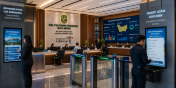 Dashboard interaktif Dashboard Pintar Izin Pariwisata yang menampilkan sistem pemantauan data destinasi real-time untuk mendukung efisiensi pariwisata kota Medan