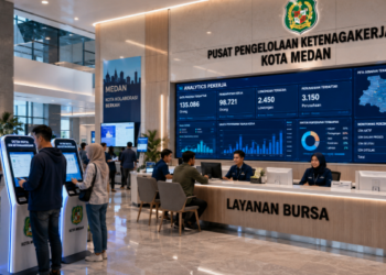Dashboard interaktif Sistem Digital Izin Ketenagakerjaan yang menampilkan sistem pemantauan data pekerja real-time untuk mendukung efisiensi ketenagakerjaan kota Medan