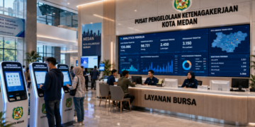 Dashboard interaktif Sistem Digital Izin Ketenagakerjaan yang menampilkan sistem pemantauan data pekerja real-time untuk mendukung efisiensi ketenagakerjaan kota Medan