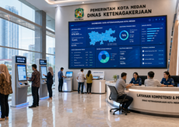 Dashboard interaktif Database Izin Kerja Medan yang menampilkan sistem pemantauan data kompetensi real-time untuk mendukung efisiensi kerja kota Medan