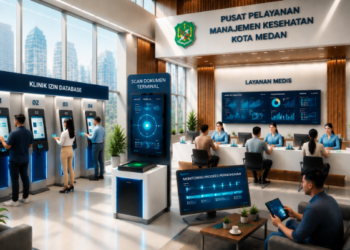 Dashboard interaktif Database Izin Klinik Medan yang menampilkan sistem pemantauan data fasilitas real-time untuk mendukung efisiensi kesehatan kota Medan
