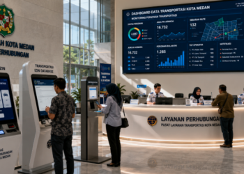 Dashboard interaktif Database Izin Transportasi Medan yang menampilkan sistem pemantauan data armada real-time untuk mendukung efisiensi transportasi kota Medan