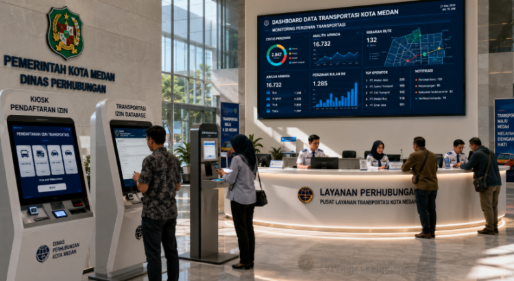Dashboard interaktif Database Izin Transportasi Medan yang menampilkan sistem pemantauan data armada real-time untuk mendukung efisiensi transportasi kota Medan