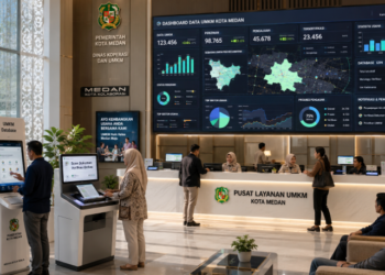 Dashboard interaktif Database Izin UMKM Medan yang menampilkan sistem pemantauan data usaha real-time untuk mendukung efisiensi UMKM kota Medan