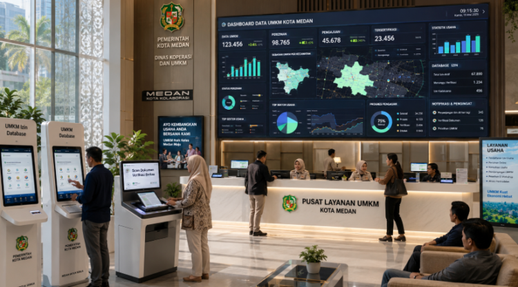 Dashboard interaktif Database Izin UMKM Medan yang menampilkan sistem pemantauan data usaha real-time untuk mendukung efisiensi UMKM kota Medan