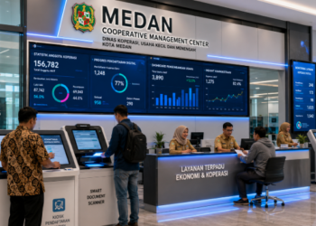 Dashboard interaktif Digitalisasi Koperasi Medan yang menampilkan sistem pemantauan data ekonomi real-time untuk mendukung efisiensi koperasi kota Medan